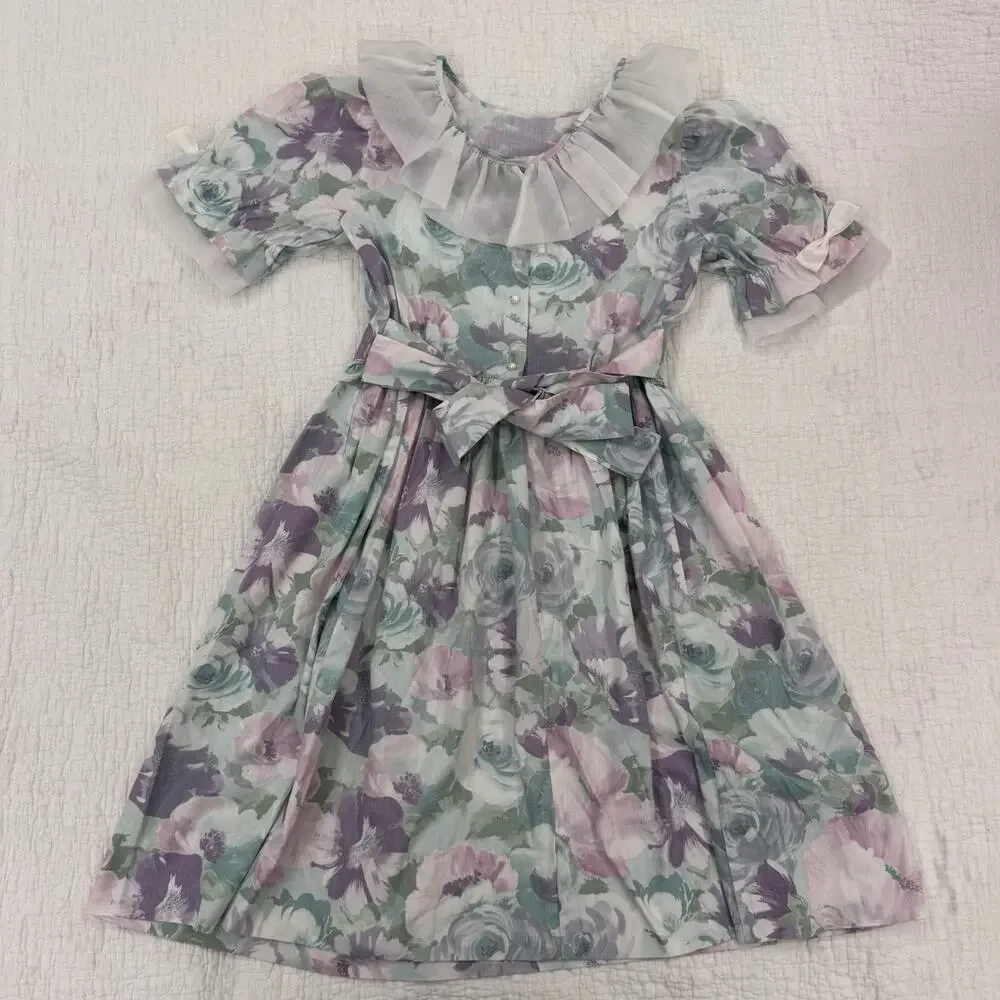 Vintage Girls Floral Fit & Flare Dress Ruffle Bow Waist Short Sleeve Knee Length